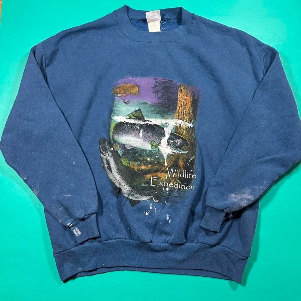 Vintage 90s wildlife expedition trout graphic paint distressed sweatshirt